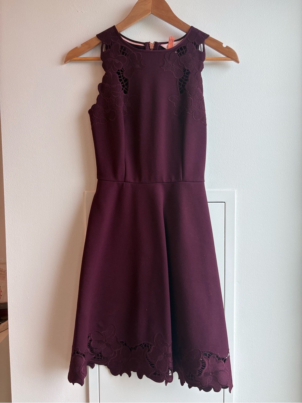 Ted Baker Sleeveless Floral Lace-Trim A-Line Dress in Deep Plum
